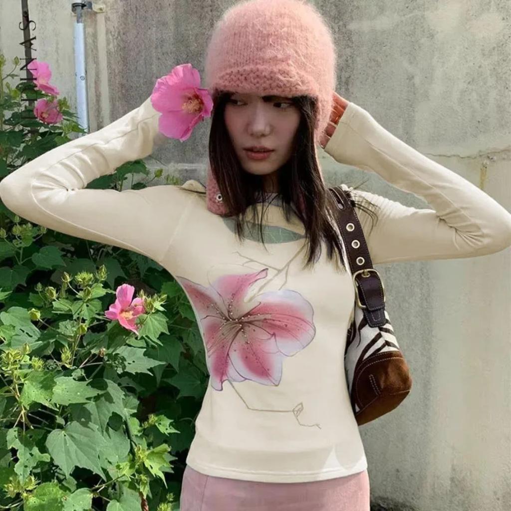 Женская футболка Y2K Fairycore с длинным рукавом и цветочным графическим принтом