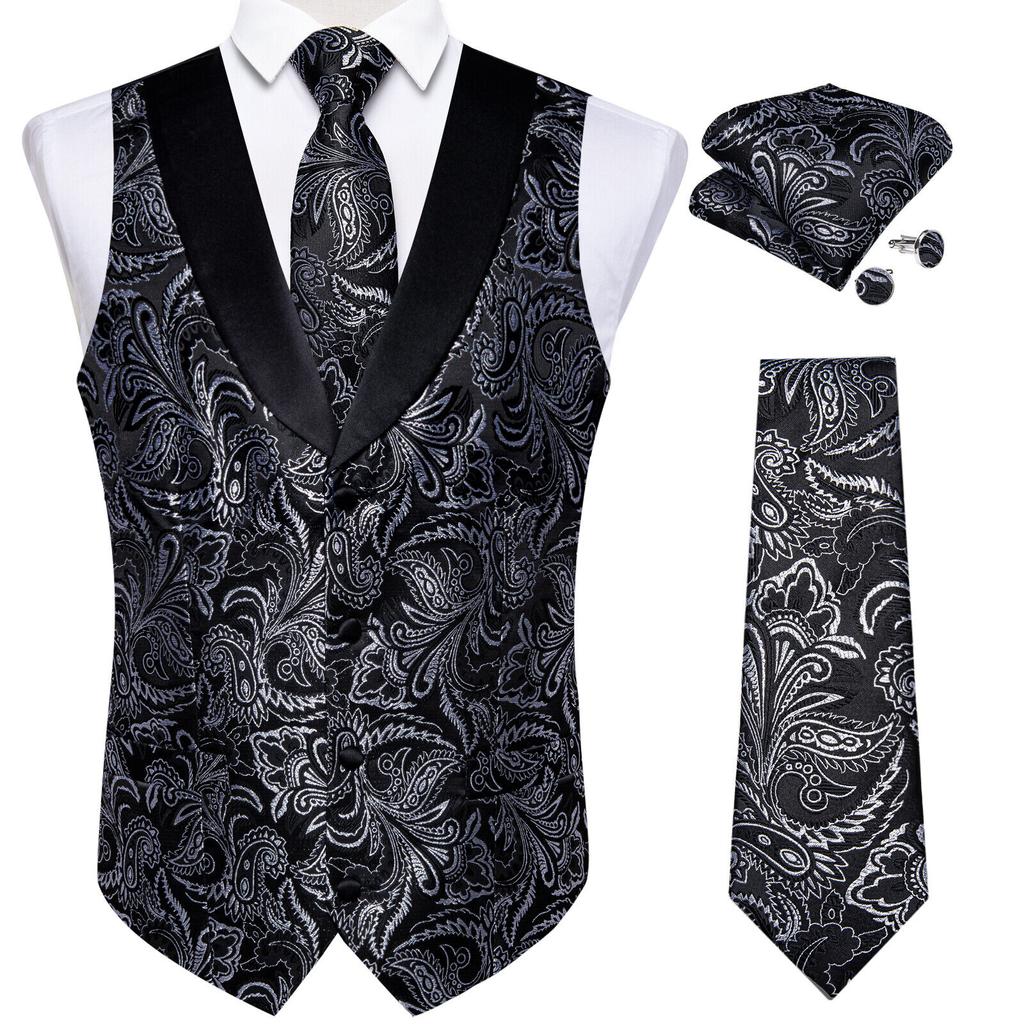Mens Silk Slim Waistcoat Dark Purple Paisley Wedding Suit Vest Tie Cufflinks Set