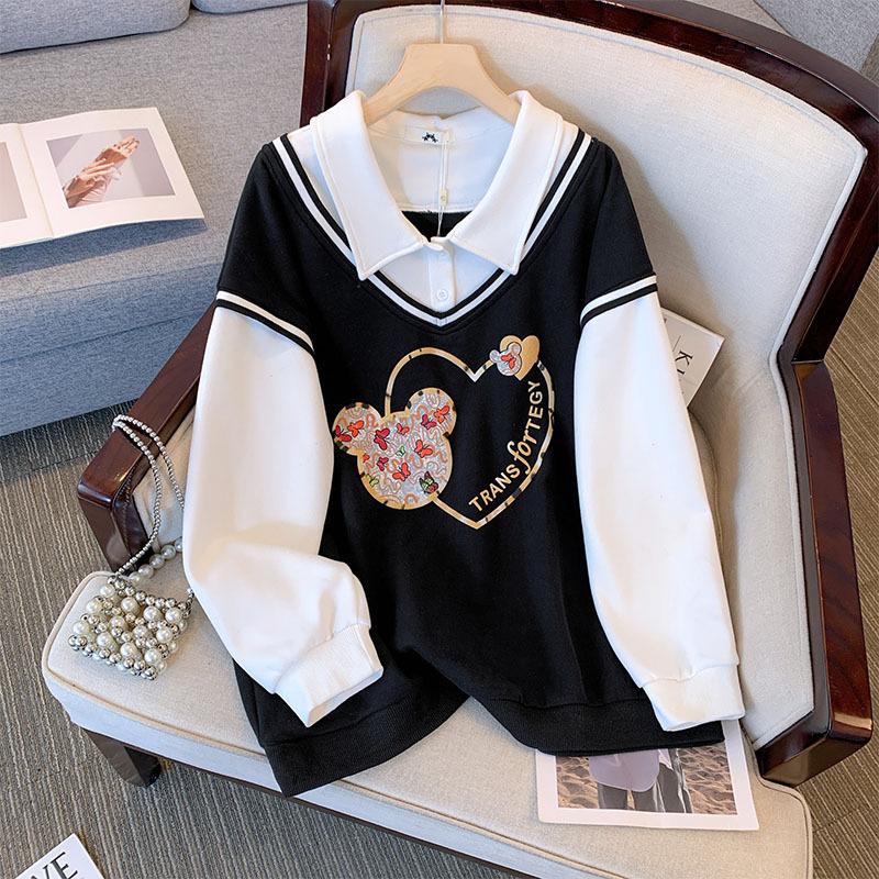 Плюс Размер Женская Осень Новый Дизайн Sense of Niche Splicing Толстовка В Стиле Колледжа