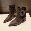 Fashion Fall New Chunky Single Boots Women's Fashion Pointy Side Zipper Rhinester Flower Comfortable Short Boots