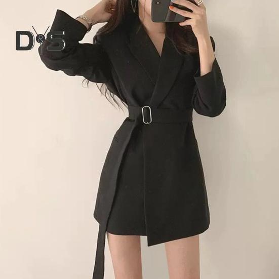 Женский пиджак с лацканами, длинным рукавом, поясом, пиджаком с боковыми карманами, однотонный, свободный крой, офисная женская верхняя одежда