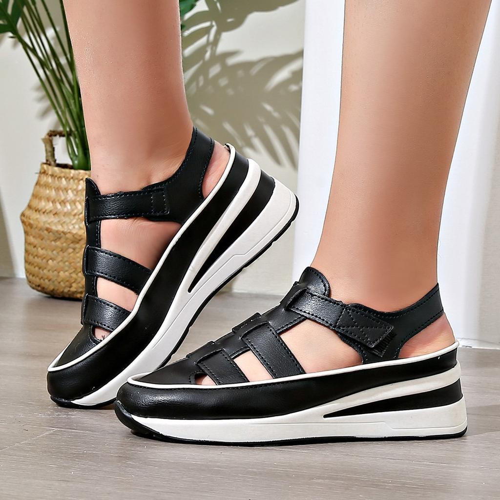 Summer Thick Bottom Fashion Baotou Roman Sandals for Women with Hollow Soft Leather Slope Beach Sandals