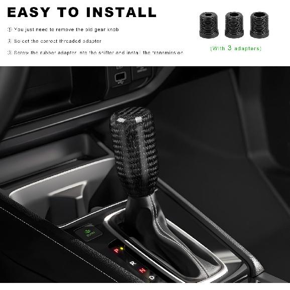 Carbon Fiber Shift Knob, Car Gear Lever Shifter Handle with 3 Threaded Adapters, Stand Head Manual Transmission Stick Replacement for Most Vehicles,