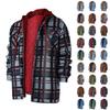 Men's Quilted Lined Button Down Plaid Shirt Add Velvet To Keep Warm Jacket With Hood