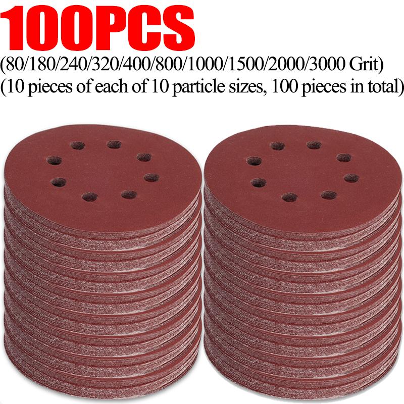 100Pcs Sanding Discs 8-Hole Hook and Loop Round Sandpaper for Random Orbital Sander for Wood Paint Stain Varnish Removal Tools