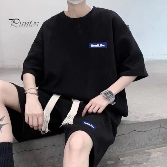 Мужской комплект из 2 предметов, повседневный спортивный костюм, шорты, летний свободный спортивный костюм с коротким рукавом, спортивный комплект, домашняя одежда с вафельной текстурой, подходящий костюм