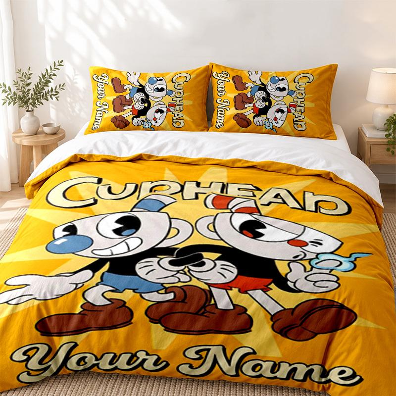 Cuphead Custom Name 3pc set Perfect for bedroom use Comfortable bedding set includes a duvet cover and two pillowcases Ideal birthday or Christmas gif