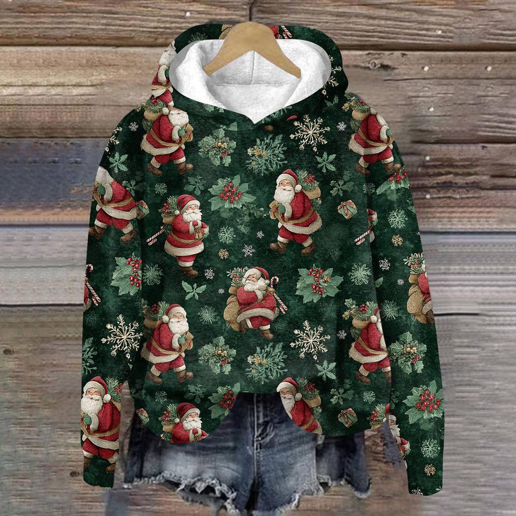 Women's Fashion Long Sleeve Christmas Print Loose Hooded Sweatshirt Top