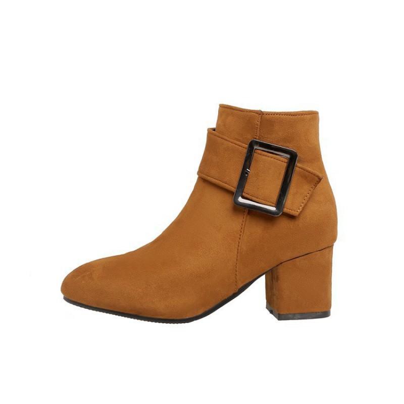 Womens Chunky Heel Ankle Boots With Metal Buckle Round Toe Fashion Boot Plus Size