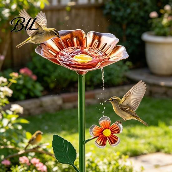 Outdoor Garden Decor Metal Flower Stake Bee Watering Station Bird Bath Butterfly Water Feeder with for Pollinators Birds Yard Patio Floral Sculpture