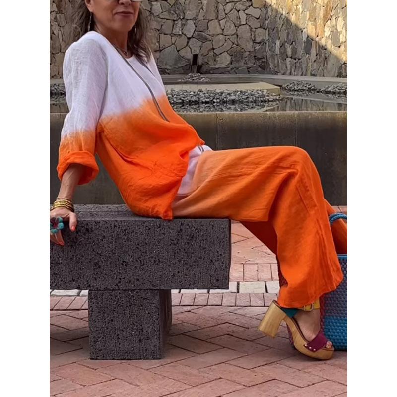 Женский комплект, модный топ из хлопка и льна с градиентом, топ с круглым вырезом с длинными рукавами и прямые брюки, комплект из двух предметов