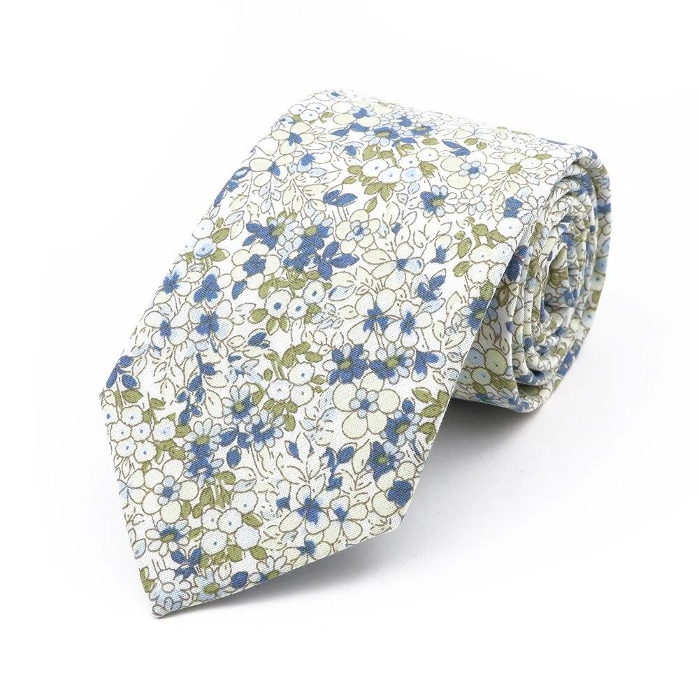 Floral Tie, For Men Women, 100% Cotton, Elegant Flower Necktie, White, Blue, Narrow Skinny, Wedding, Party