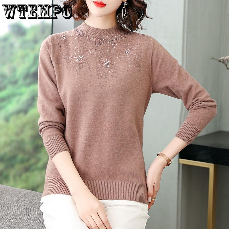 Women's Half High Collar Solid Printing Knitted Autumn and Winter Pullover Long Sleeve Embroidery Fashion Sweater
