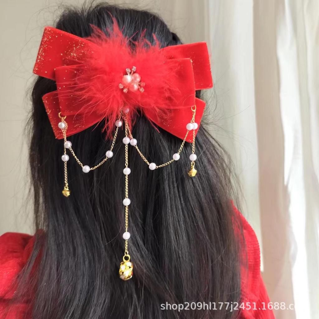 Праздничные красные новогодние аксессуары для волос: Ленты, банты, шпильки, головные уборы и заколки с кисточками для девочек