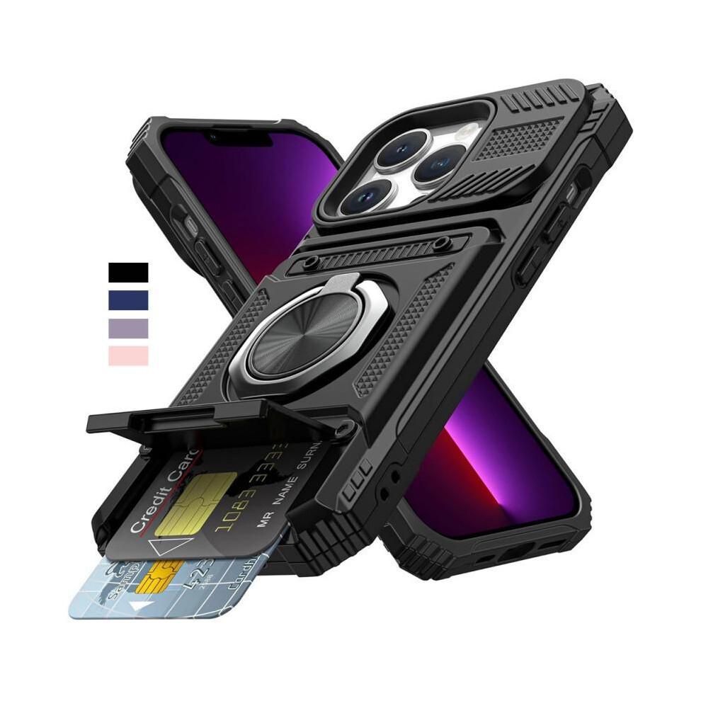 (Black) Shockproof Armor Hard Case Cover with Wallet Credit Card Slot & Ring Stand Function, Anti-fall Phone Cover, Phone Case