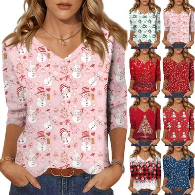 Женская модная повседневная свободная футболка с v-образным вырезом и рукавами 3/4 с принтом, женский топ