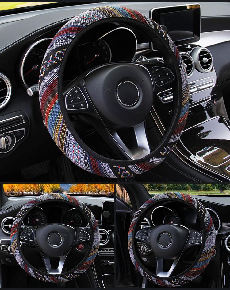 Ethnic-Style Car Steering Wheel Cover Linen Without Inner Ring Elastic Band Steering Wheel Cover 38cm Leather Car Cover Supplies