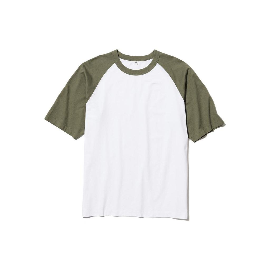 Uniqlo Свободная футболка с блоками цвета и рукавами реглан, короткий рукав, мужские топы, Оливковый 457833-56