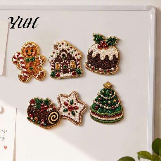 Faux Pearl Painting Decor 6Pcs/Set Fridge Magnets Art Kit, Christmas Snowman Tree Santa Artistic Gem Stickers Magnets, DIY Mosaic Refrigerator