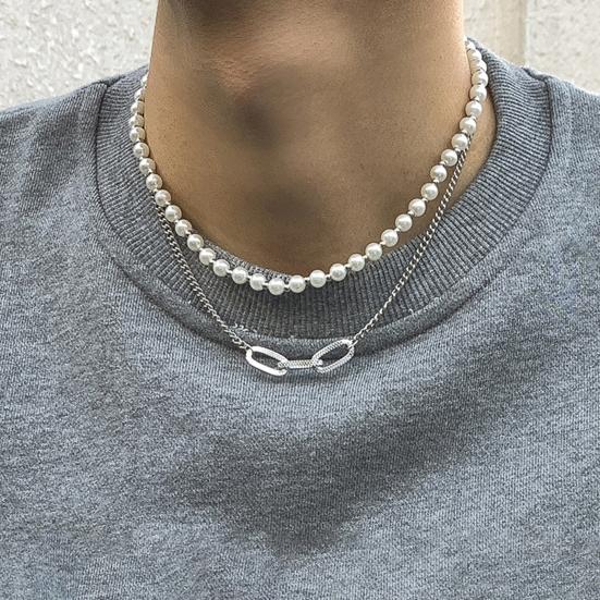 Мужское ожерелье, декоративное универсальное двухслойное колье-чокер с геометрическим искусственным жемчугом для повседневного ношения