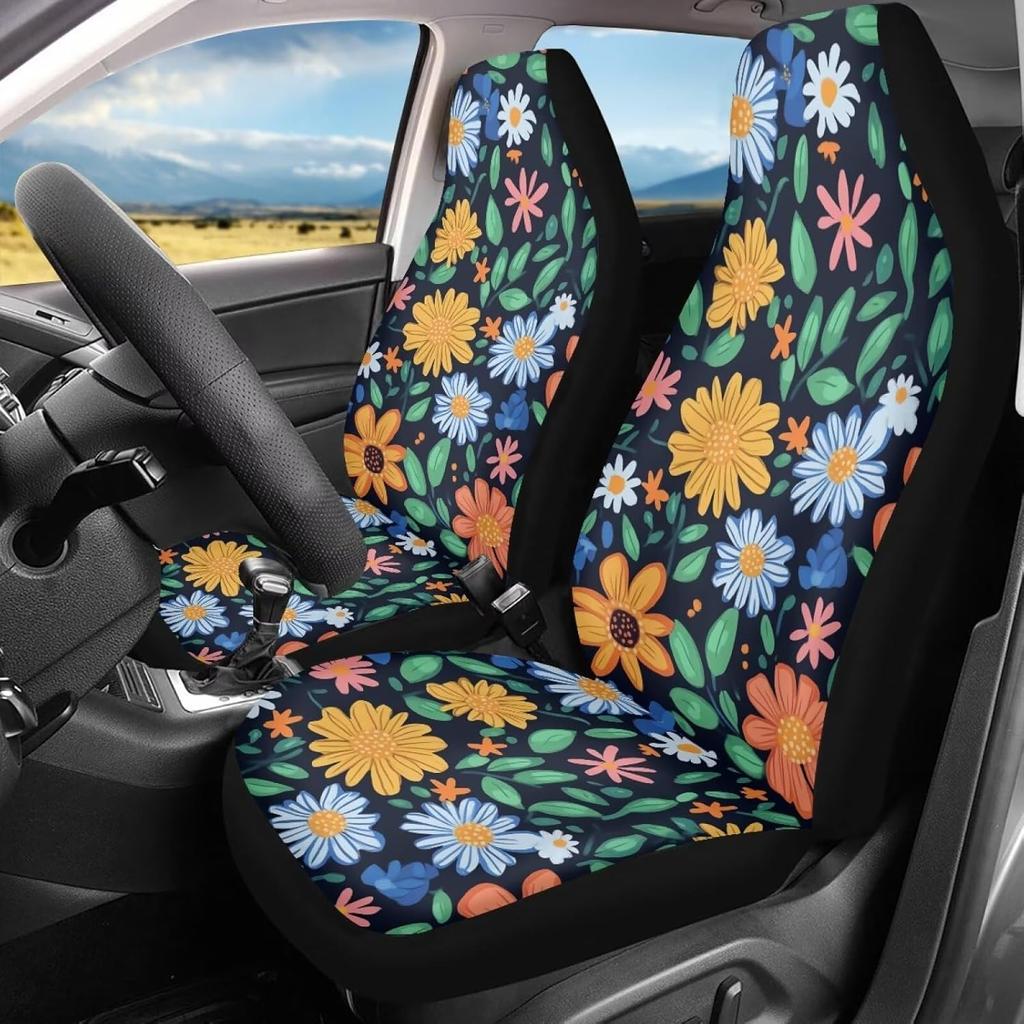 Чехлы на сиденья автомобиля Bulopur Black Boho Цветочные, Только для передних сидений, для женщин и мужчин, с карманом-органайзером, для автомобилей, внедорожников, грузовиков, седанов