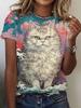 Женская футболка Волны и кошки 3D-печать Короткий рукав Мода Повседневная Уличная Круглый вырез Оверсайз Летняя женская одежда