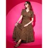 Women's Fit and Flare Printed Crepe Kurta Party Wear Top Tunic Brown Maxi Dress VF-509