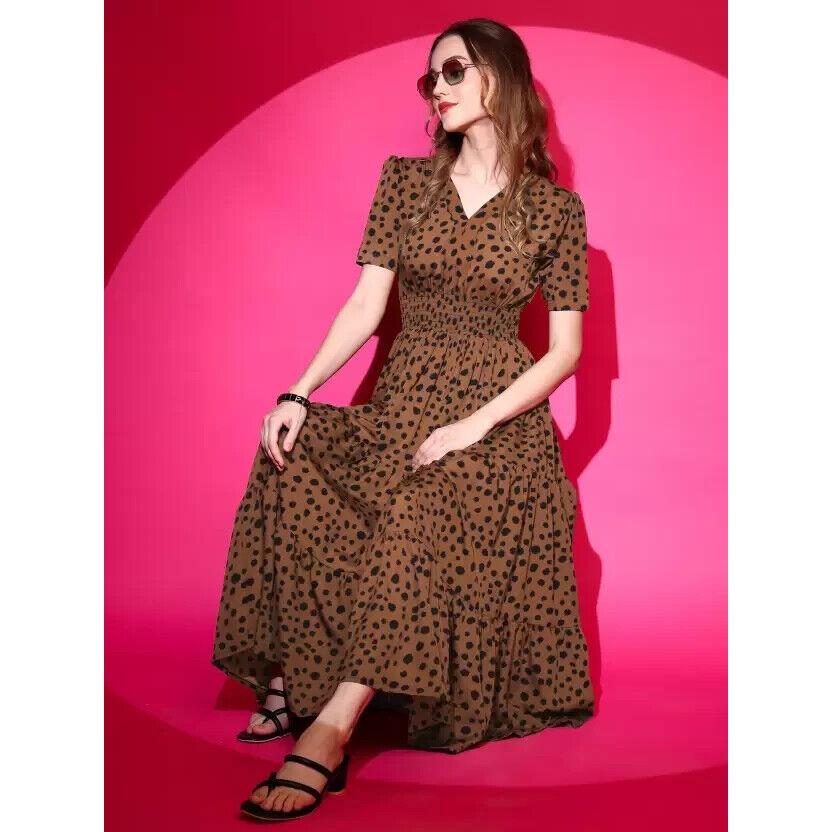 Women's Fit and Flare Printed Crepe Kurta Party Wear Top Tunic Brown Maxi Dress VF-509