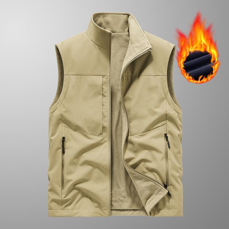 Осенне-зимний мужской жилет среднего возраста из утолщенного бархата с основой для сохранения тепла и повседневным жилетом, с многокарманным жилетом с обеих сторон