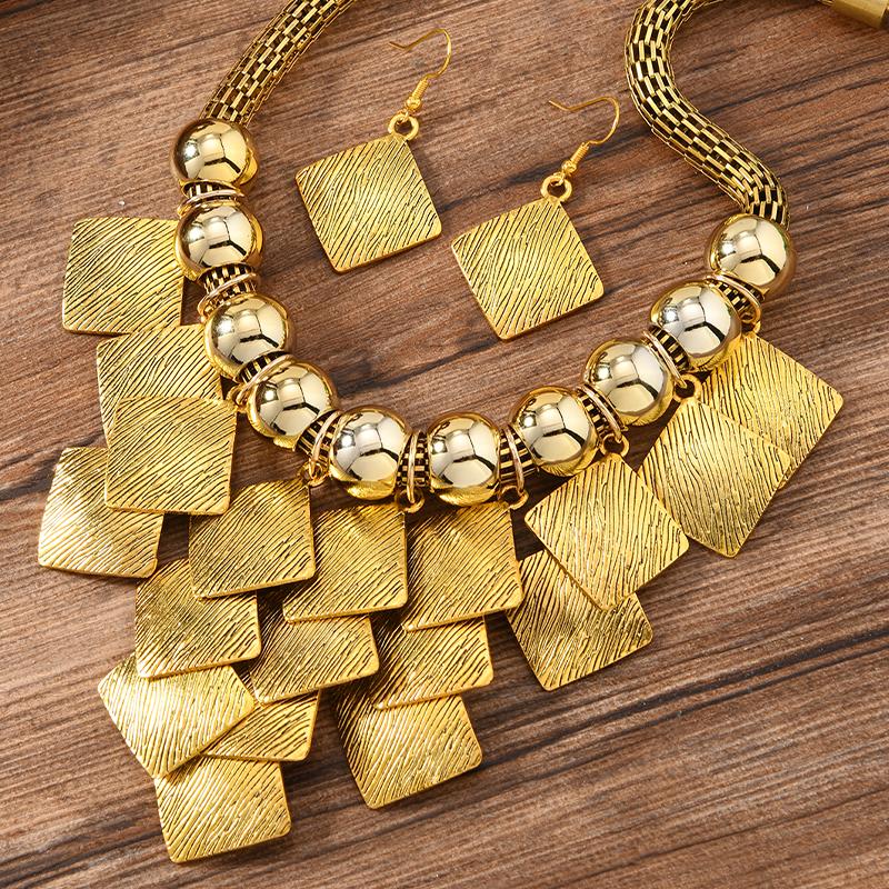 2 PCS European American Fashion Geometric Square Metal Necklace Earring Set Vintage Statement Choker Accessories