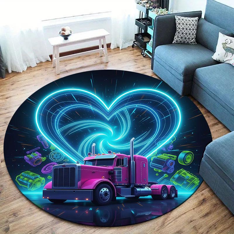 Neon truck Round Area Rug,Carpet Rug for Living Room Bedroom Sofa Playroom Decor,Non-slip Floor Mat