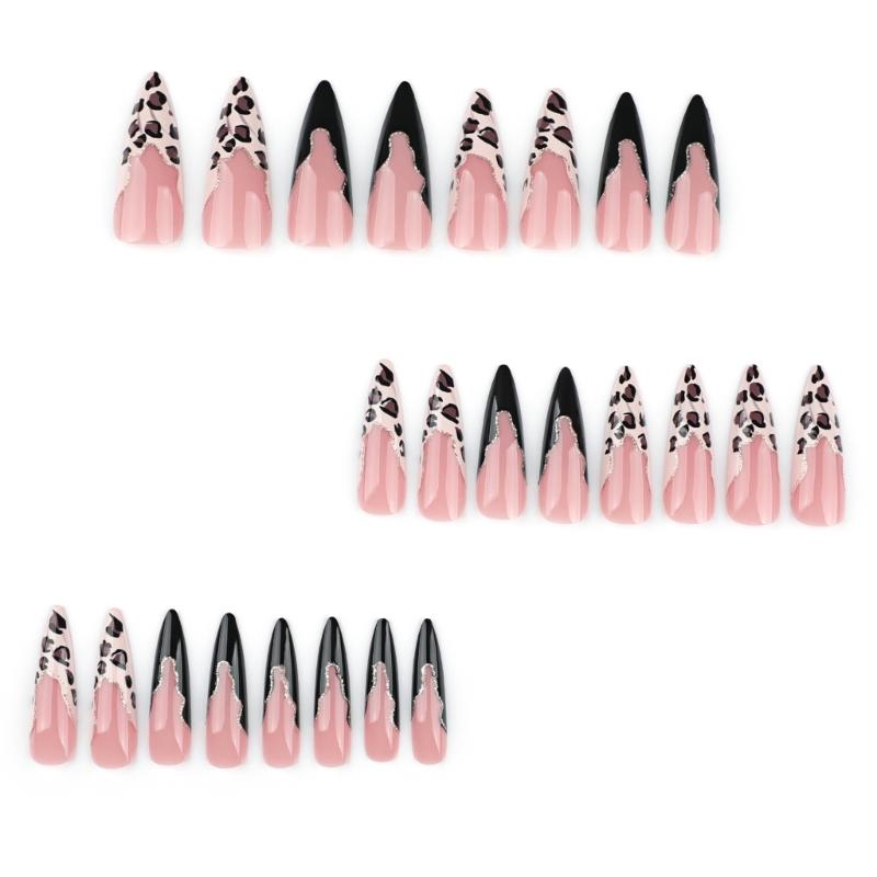 24Pcs Leopard Print Press On Nail Long False Nail French Tip Glossy Artificial Nail Full Cover Stick on Nail
