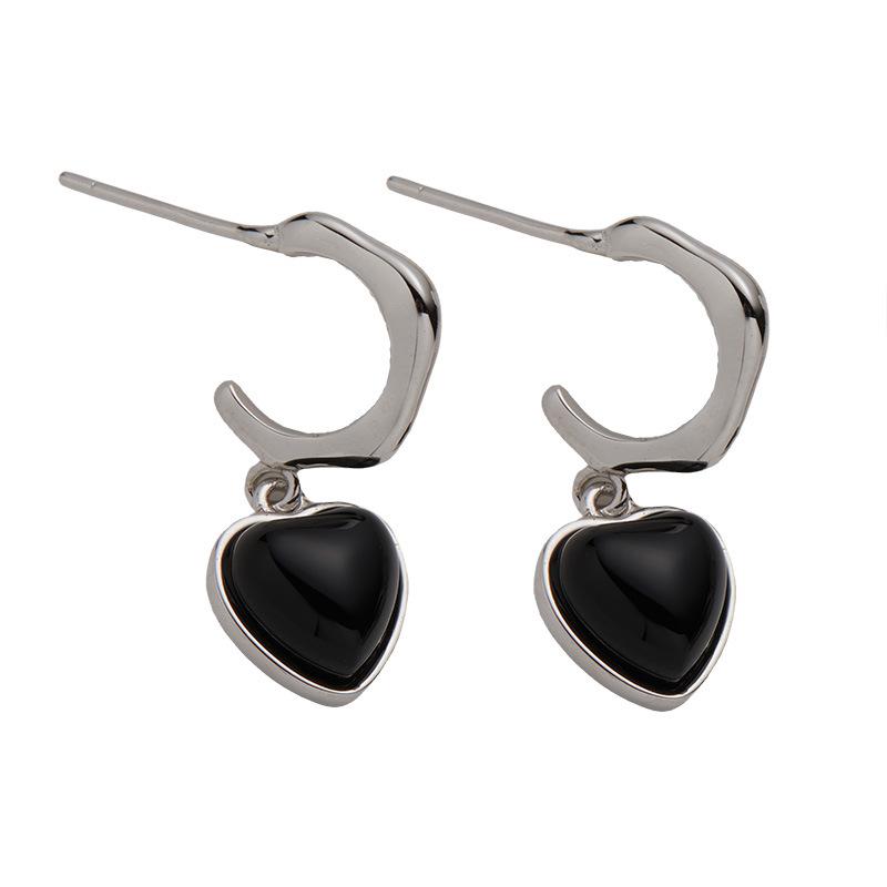 Серьги S925 Стерлинговое Серебро Натуральный Черный Агат Любовь Пусеты Женские Серьги Милые Нежные Универсальные Серьги