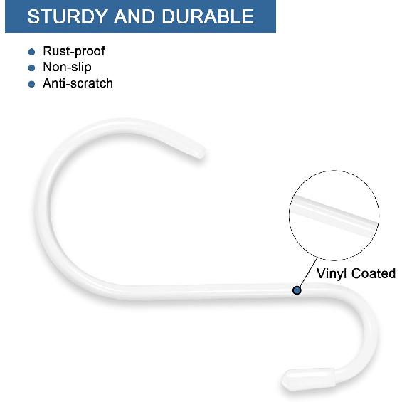 4 Pack Large White Stylish Non Slip Rust Resistant Heavy Duty Metal Steel S Hooks, 6 inch Vinyl Coated, Hanging Closet Kitchen Garage Bathroom