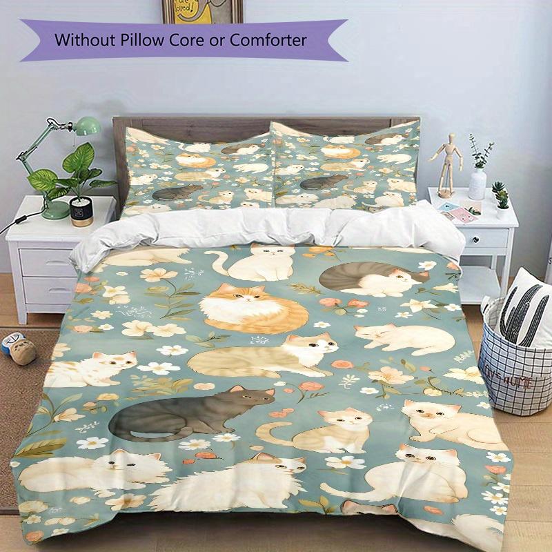 3pcs Cats Flowers Bedding Cover Set, Fashion Classic Popular Print Bedding Set, Soft Comfortable, All Season Use, For Bedrooma0819100