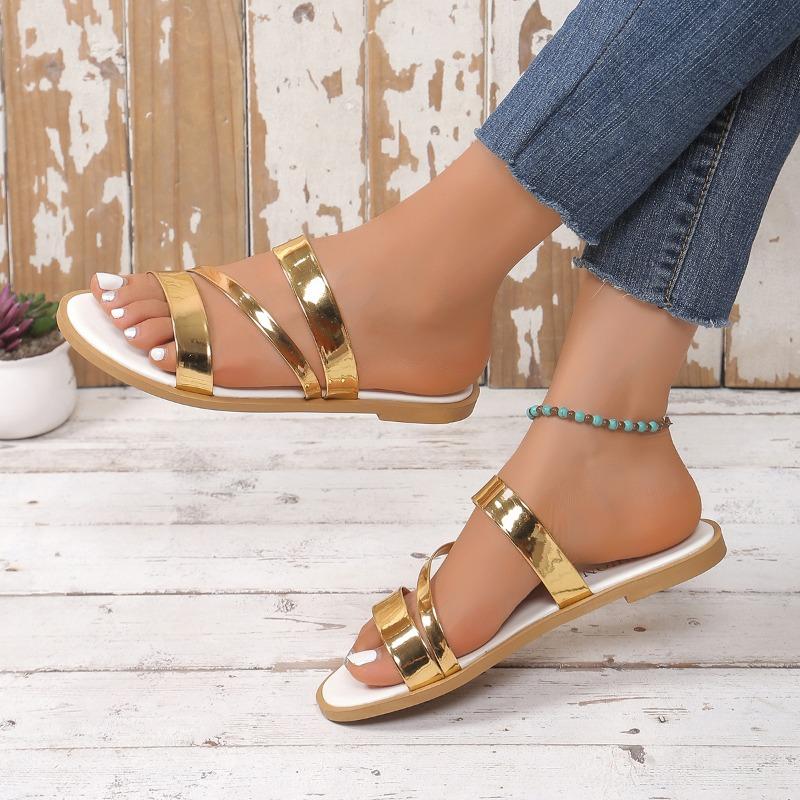 Лето 2024 года, хит продаж, высококачественная женская обувь с открытым носком, однотонные модные блестящие женские пляжные тапочки на плоской подошве