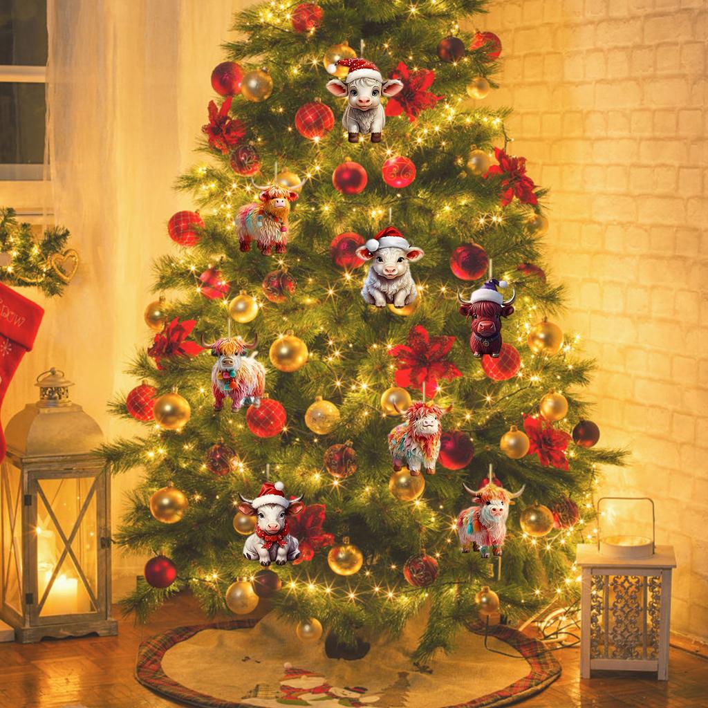 Christmas Advent Calendar Highland Cow Christmas Countdown 24pcs Christmas Tree Highland Cow Pendants Ornament 2D Flat Gift