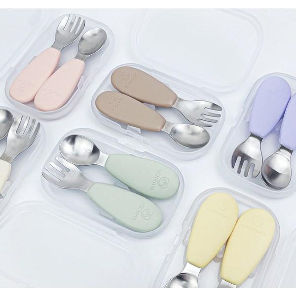 UBMom Infant Stainless Steel Silicone Handle Baby Food Spoon Fork Case Set, Sweet Potato Dumplings (Lavender), 1 Set, Korean Popular Tableware
