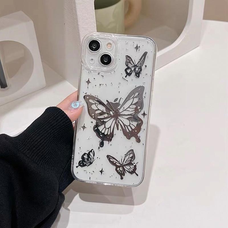 Электроplated Бабочка 17 Чехол для телефона для IPhone 16 Promax Точное отверстие для объектива Полный комплект для Apple 15 Серебряная фольга Прозрачный