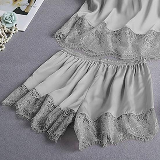 Women's Satin Pajamas Set Lace And Shorts Two Cami Top Piece Sleepwear with Built-in Bra Sexy