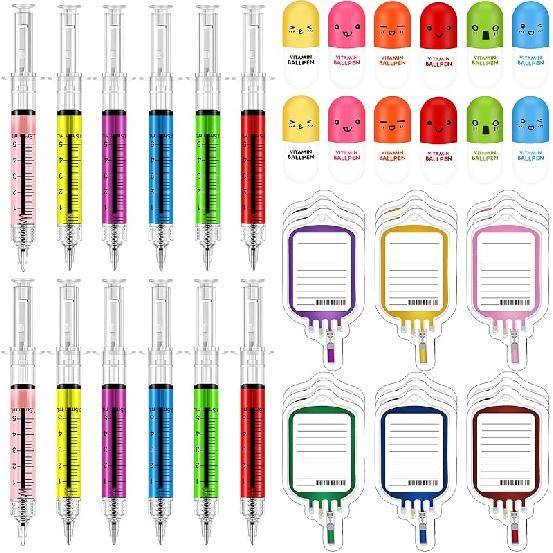 48 Pieces Fun Nurse Pens Set 12 Pcs Syringe Pens 12 Pcs Pill Pens 24 Pcs Blood Bag Sticky Notes Retractable Novelty Ballpoint Pen Cute Ballpoint Pens
