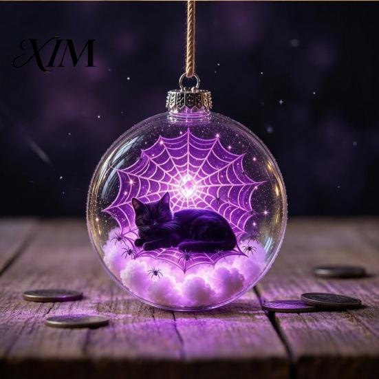 Halloween Hanging Ornaments Ball Ornament, Clear Sphere Decoration with Black Cat Bat Crescent Moon Skeleton, Festive Bauble for Home Party Tree Decor