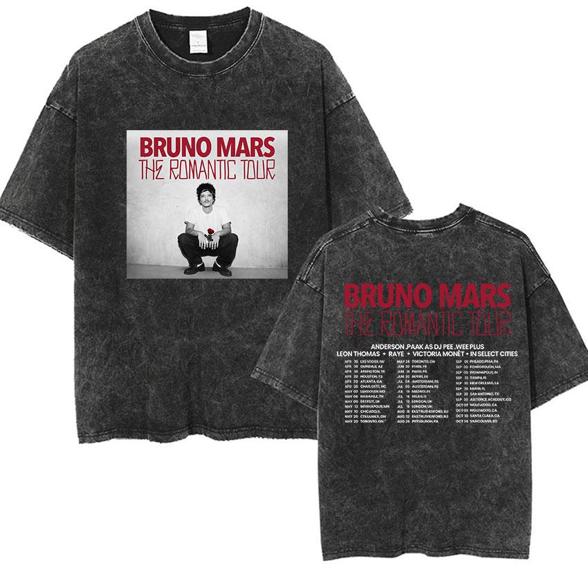 Bruno Mars The Romantic Tour 2026 Vintage Washed T Shirts Mens Women Punk Gothic Fashion Cotton Short Sleeve TShirt Streetwear