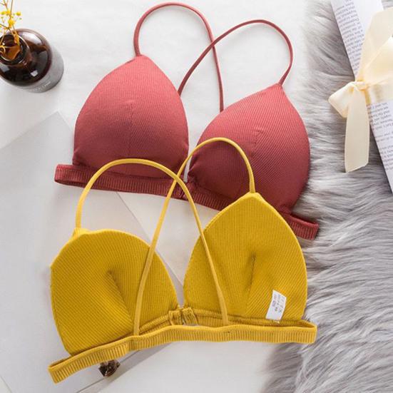 Women Solid Color Bra Triangle Cup Thin Straps Wrapping Chest Front Buckle Wireless Ribbed