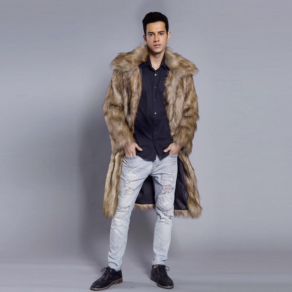 Men's Faux Animal Hair Long Coat Warm Overcoat Turn Down Collar Coat Cardigan Winter Fuzzy Fleece Jacket Open Front