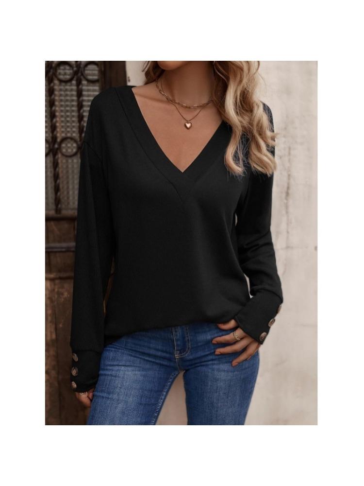 Модные женские повседневные топы, однотонные, с V-образным вырезом, свободные, с длинными рукавами, застегивающиеся на пуговицы, удобные и универсальные футболки для женщин