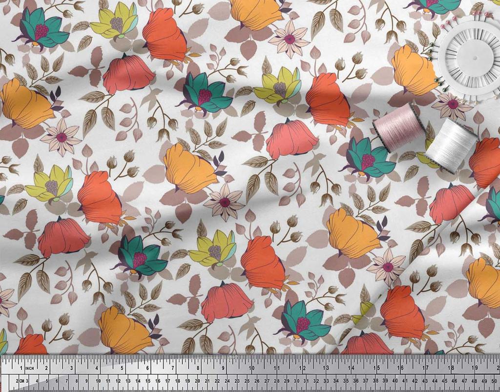 Soimoi Japan Crepe Satin Fabric Leaves & Floral Artistic Fabric Prints By Metre 42 Inch
