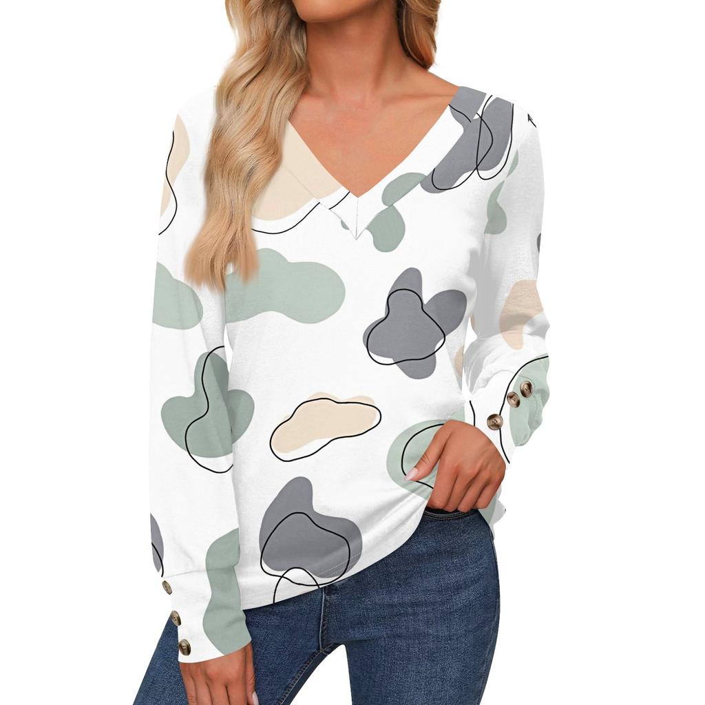 Женская повседневная модная рубашка с длинными рукавами и манжетами на пуговицах, свободная футболка с V-образным вырезом, осенняя одежда