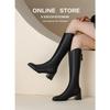 2025 Women's V-Cut Chunky Heel Thigh-High Boots with Elastic Square Toe and Back Zipper for Height Increase and Warmth.