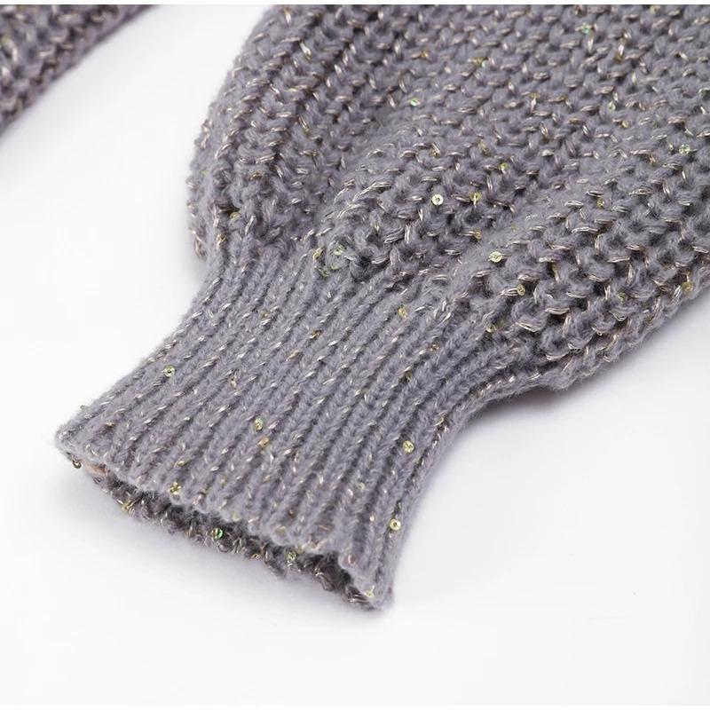 Модный кардиган с блестками и люрексом, сверкающий вязаный женский кардиган с рукавами-фонариками, повседневный свободный свитер с v-образным вырезом на молнии, женская элегантная куртка HighStreet, шикарная уличная одежда